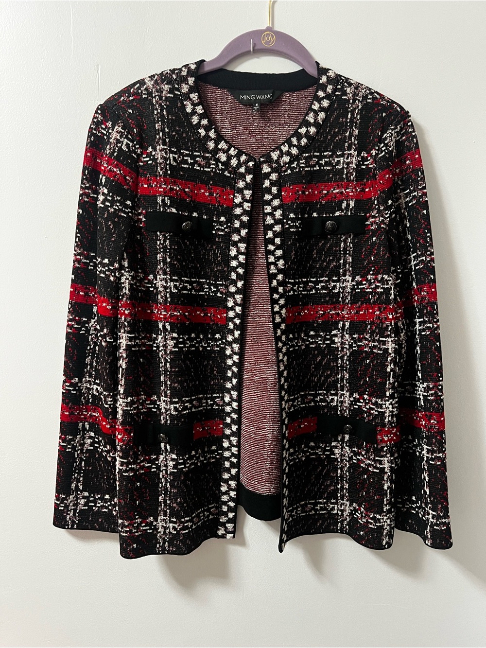 Ming Wang Black, Red & White Plaid Collarless Knit Jacket